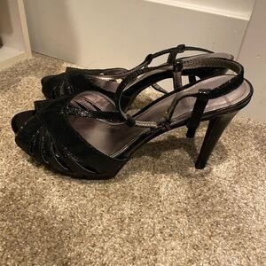 Antonio Melani shiny black strappy heels.  Size 8 4” heel.  So cute!